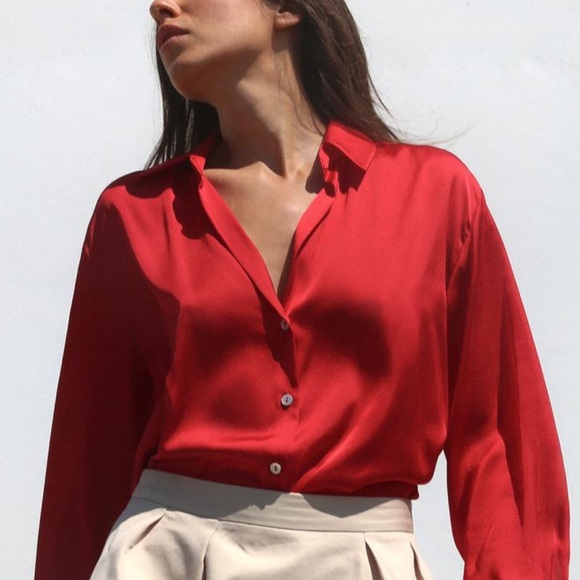 Zara Tops - ZARA Red Satin Effect Basic Button Front Long Sleeve Shirt size L in EUC